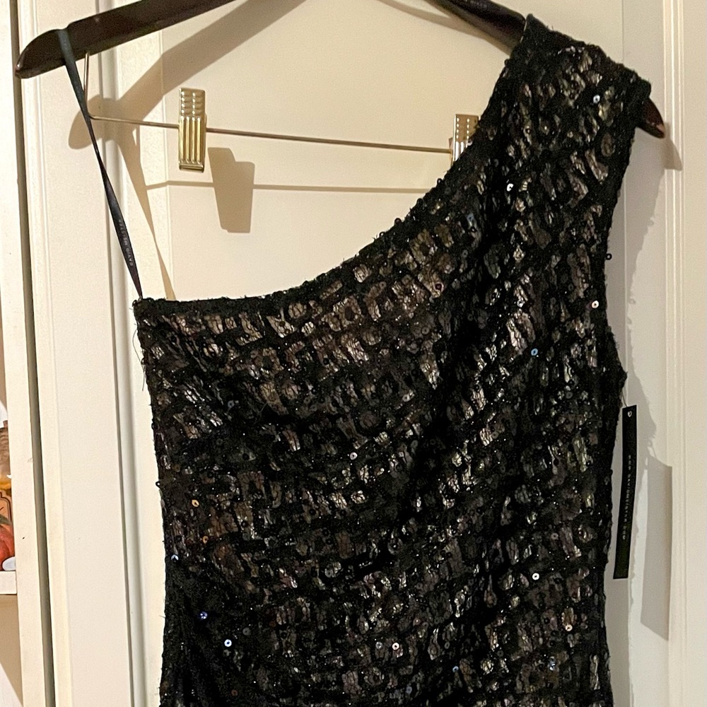 David Meister Black Sequin One Shoulder Cocktail Dress